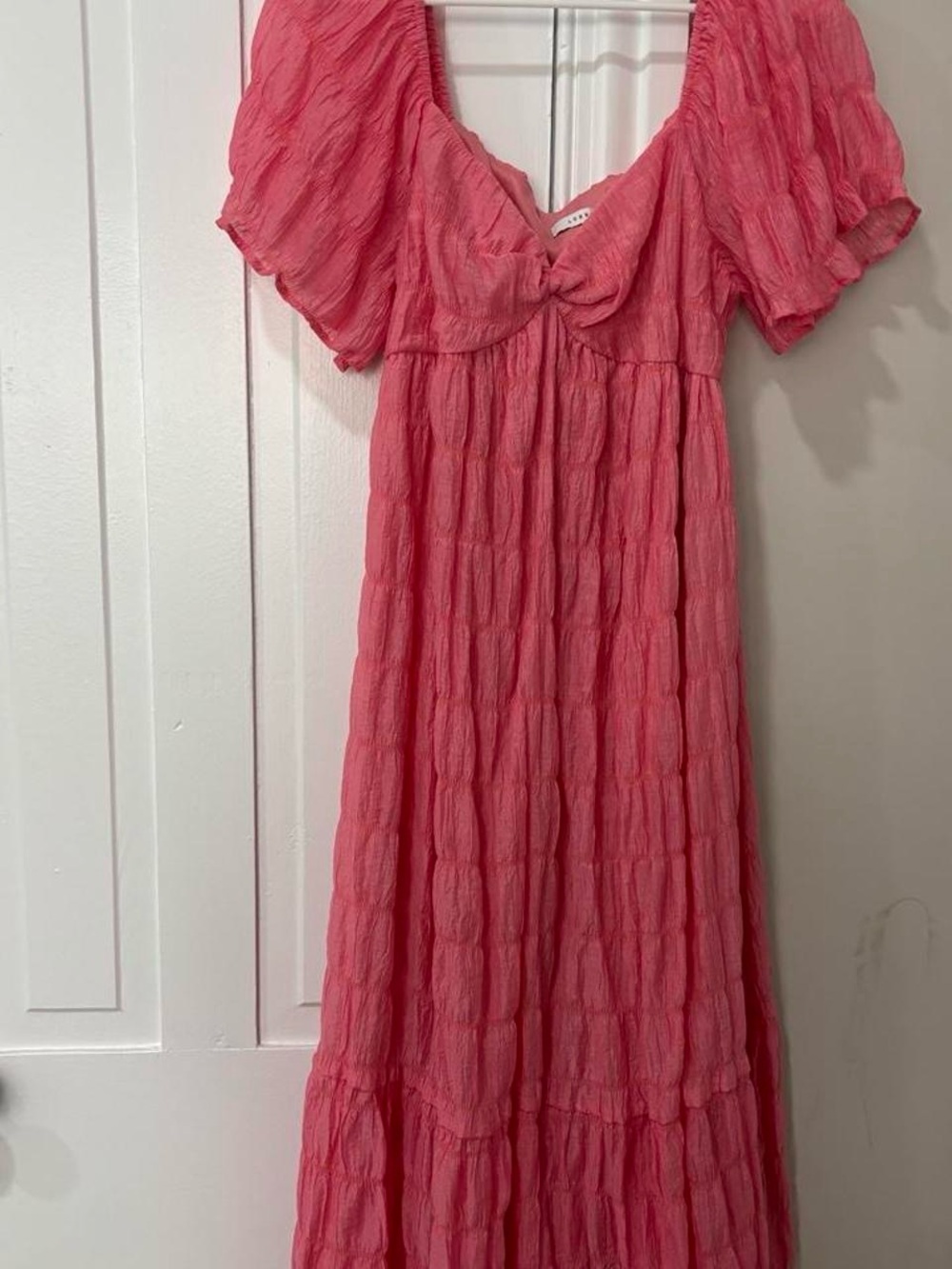 Lush Coral Pink Maxi Dress with Puff Sleeves